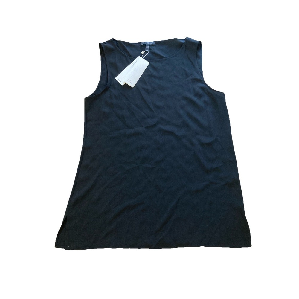 Eileen‎ Fisher Silk Georgette System Bateau Neck Shell Sz SP Black NWT Crepe 218